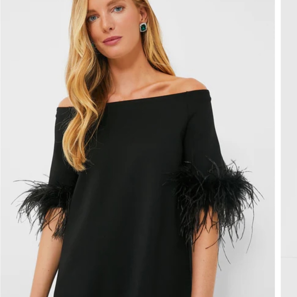 Tuckernuck Black Off-Shoulder Top with Feather Trim NWT